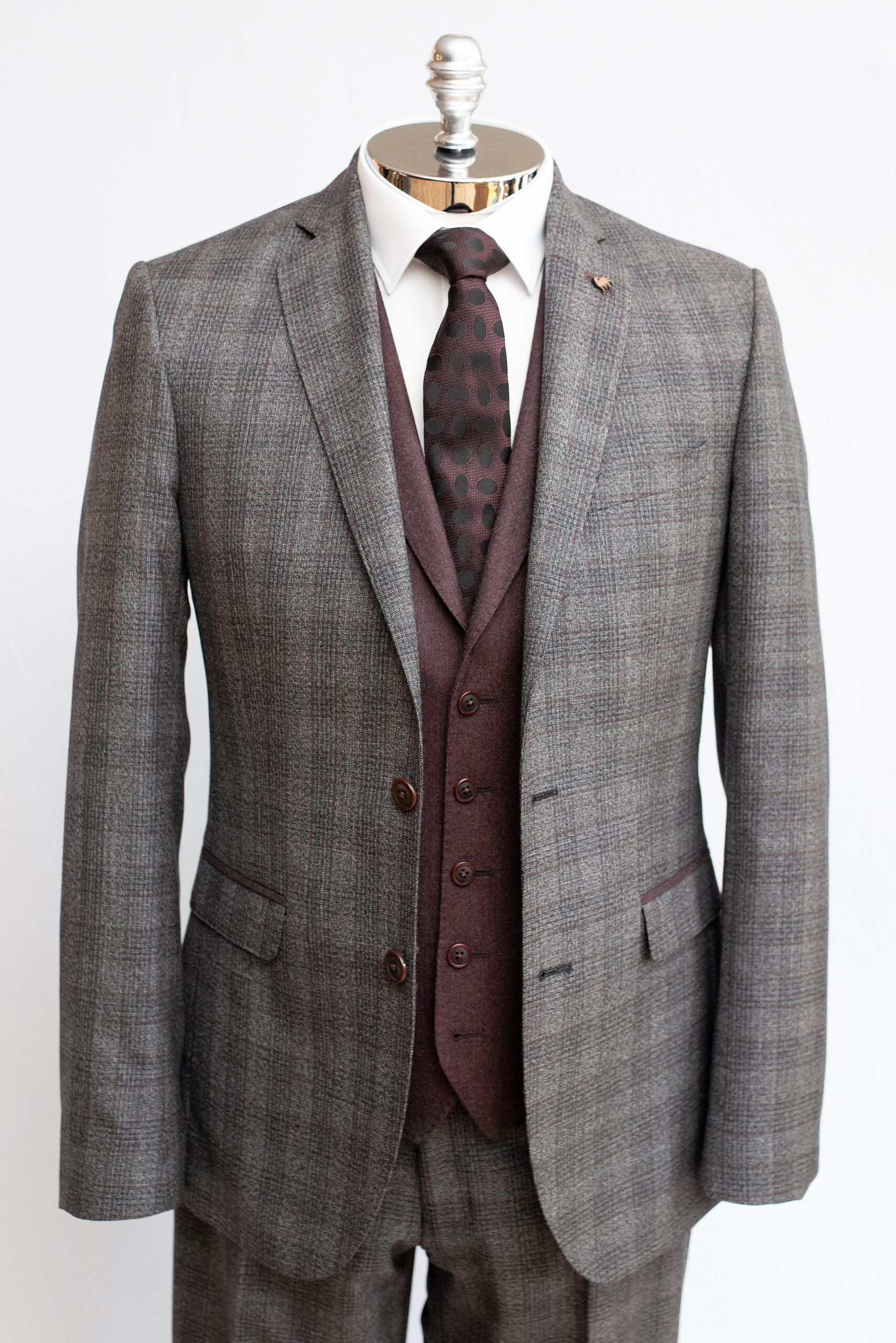 Suit Hire - Wine/Grey Check Suit - Corcoran's Menswear